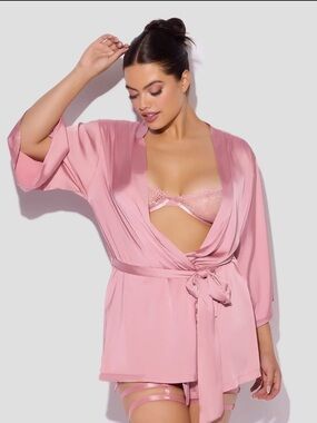 Plus Size Silky Pink Satin Robe with Lace Back & Tie Waist